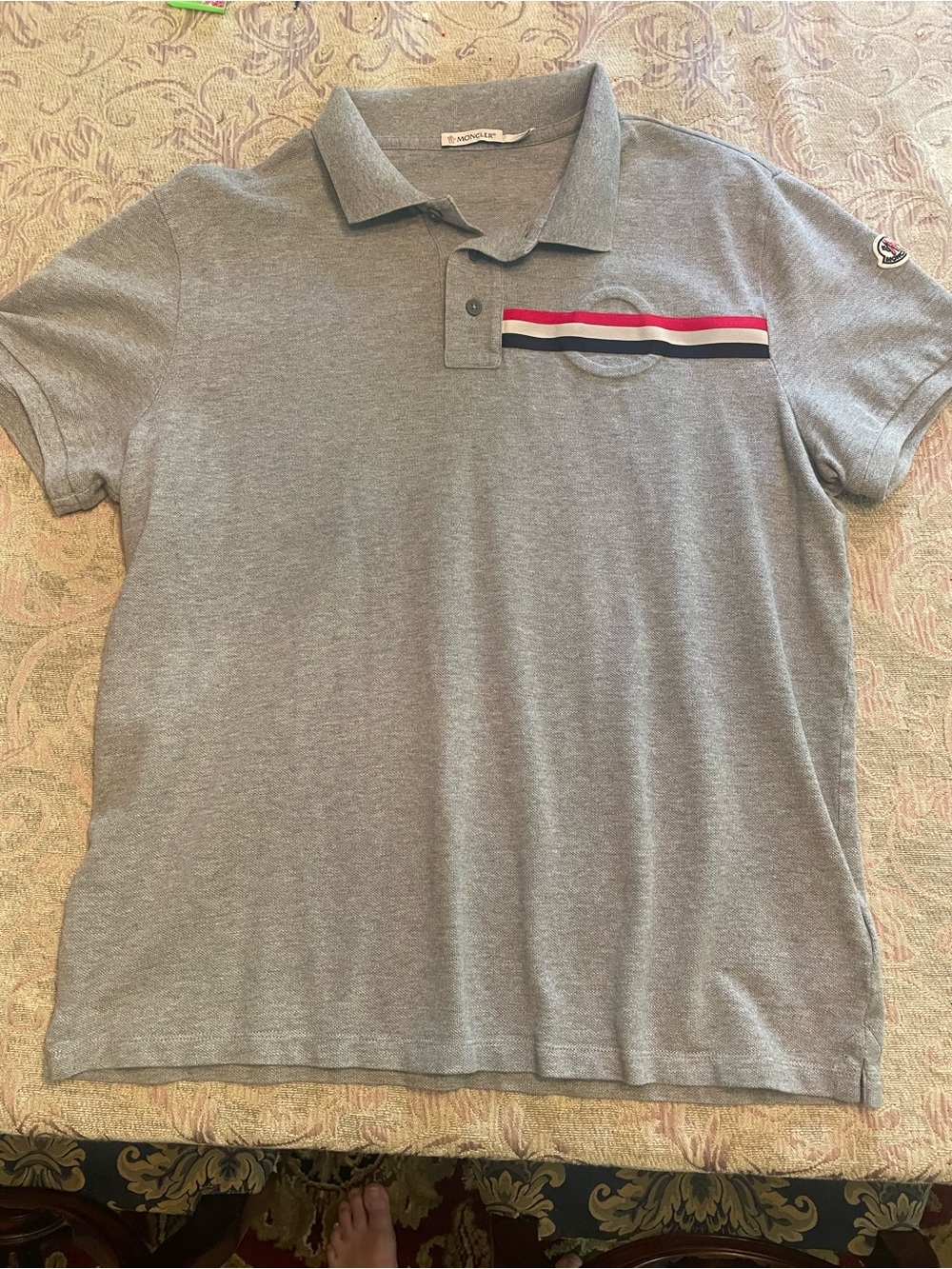Moncler Grey Polo with Tricolor Chest Stripe